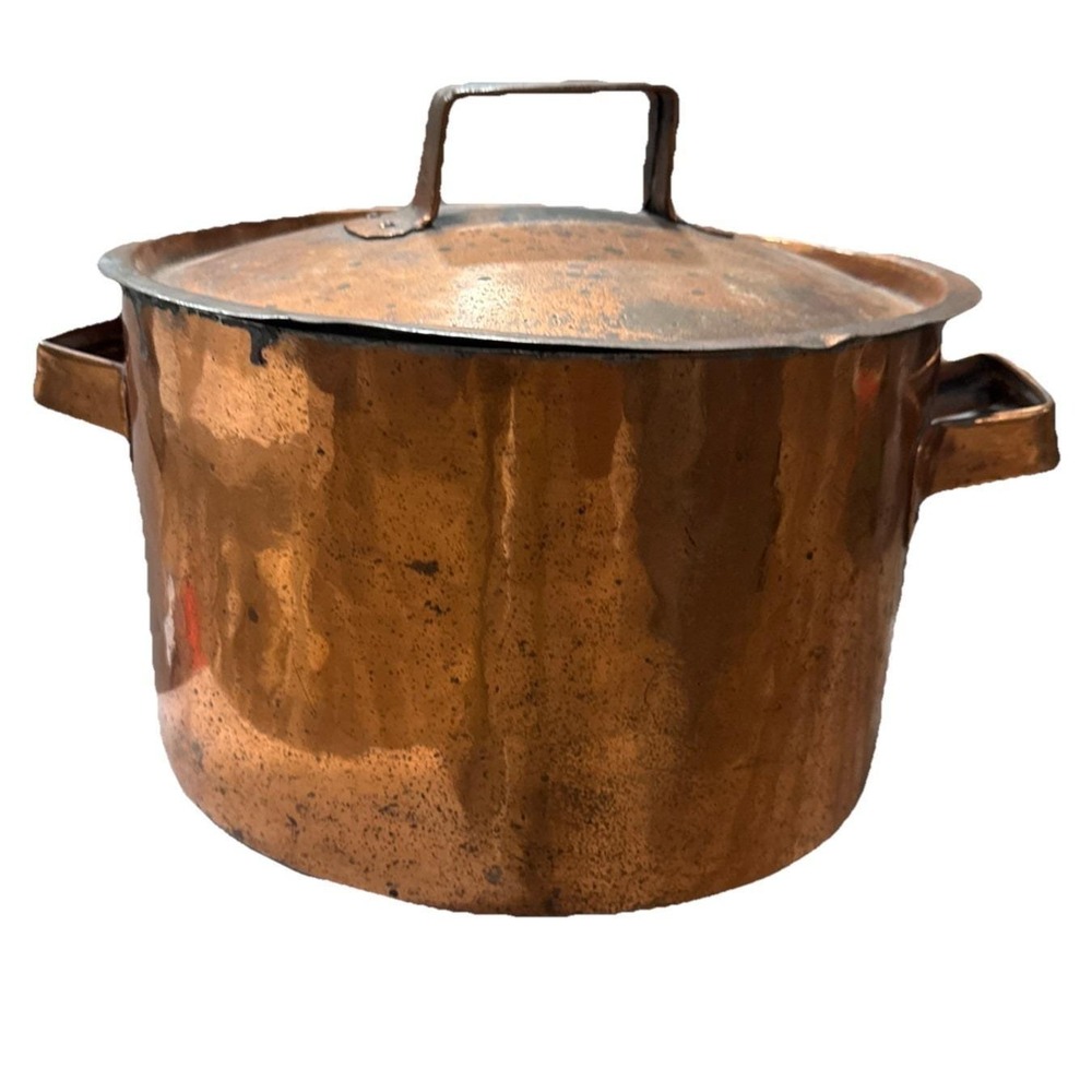 Antique Hammered Copper Stock Pot with‎ Lid Vintage Primitive Rustic Cookware